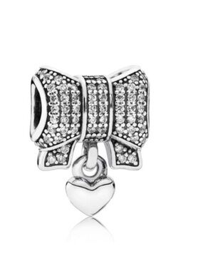 Pandora Silver Bow Charm with Dangling Heart Pavé - Retired